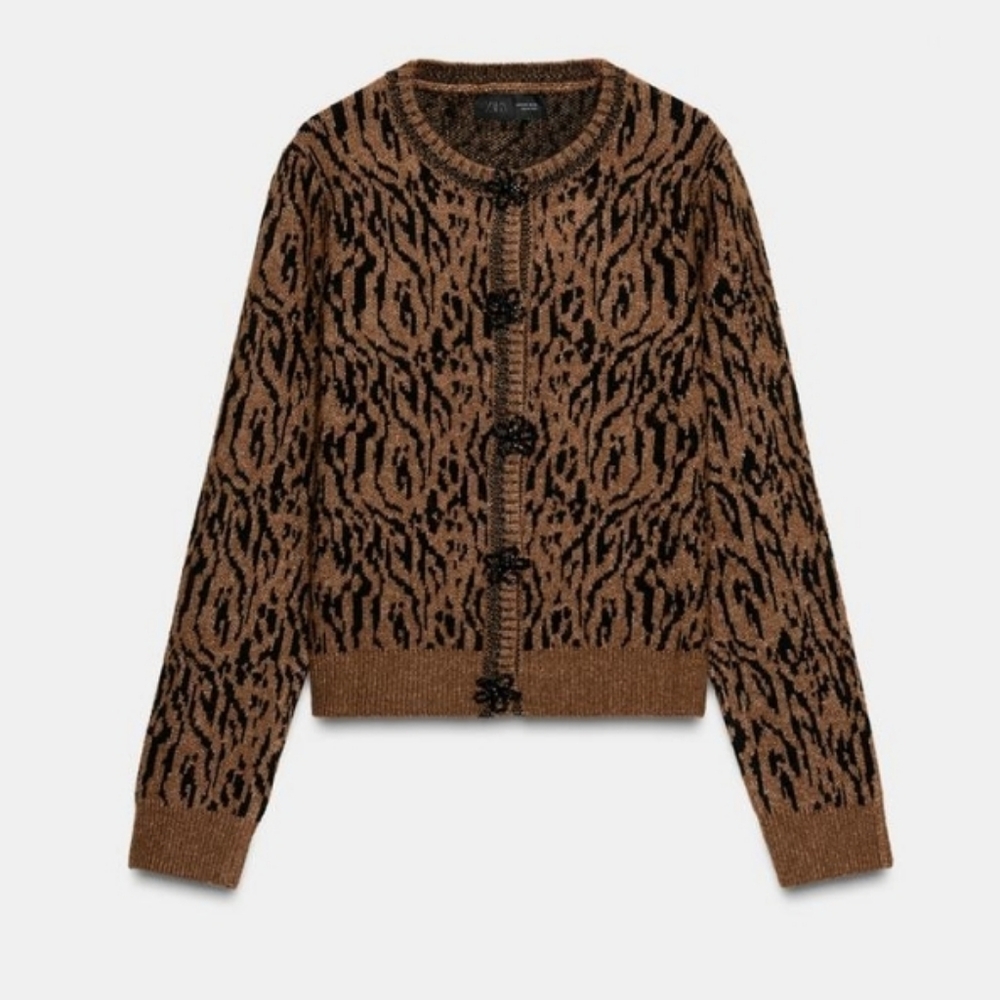 Zara Animal Jacquard Knit Cardigan Sz-M